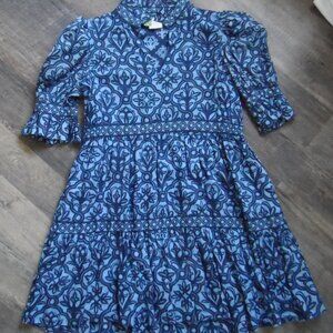 Gretchen Scott Cotton Dress Blue Print Ruffneck 3/4 sleeves Sz Med